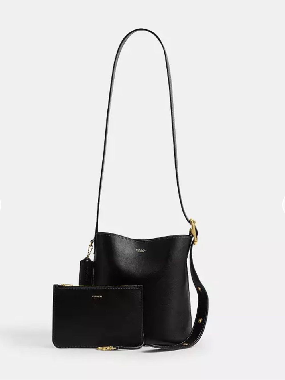 COACH Black Bleecker Bucket Bag 21 Pebbled Leather Shoulder Bag with Pouch